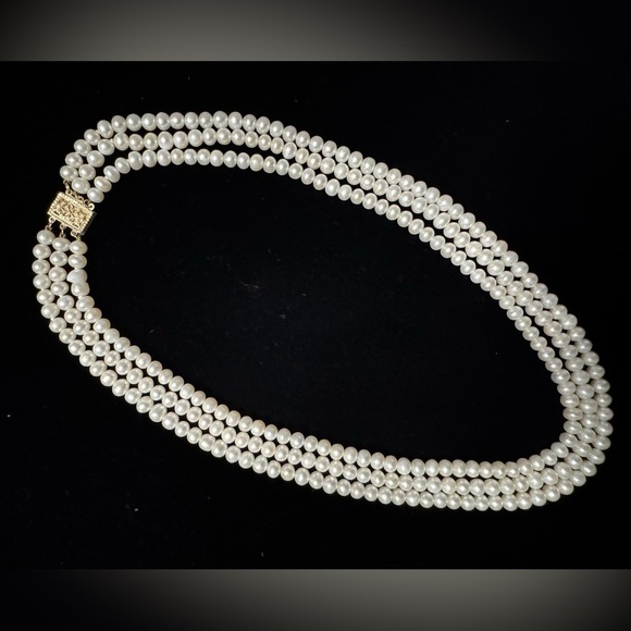 Vintage Jewelry - 14k Yellow Gold 3 Strand Freshwater Pearl Estate Heirloom Necklace